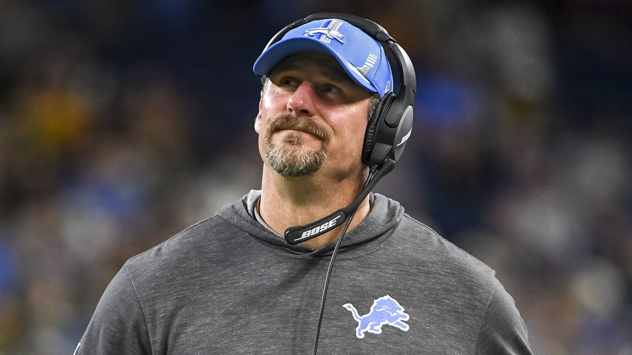DETROIT, MICHIGAN - JANUARY 09: Head coach Dan Campbell of the Detroit Lions looks on against the Green Bay Packers at Ford Field on January 09, 2022 in Detroit, Michigan.