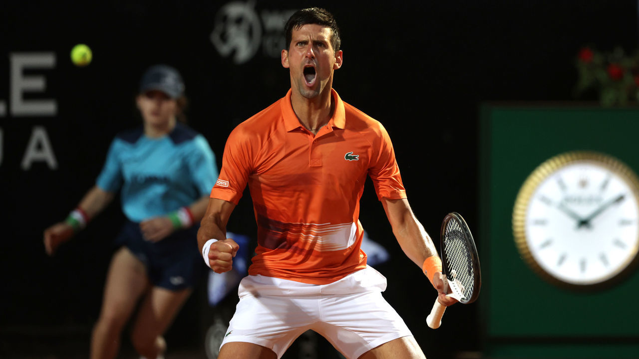ROME, ITALY - MAY 14: Novak Djokovic of Serbia celebrates a point in the men's singles semi-final match against Casper Ruud of Norway on Day six of the Internazionali BNL D'Italia at Foro Italico on May 14, 2022 in Rome, Italy.