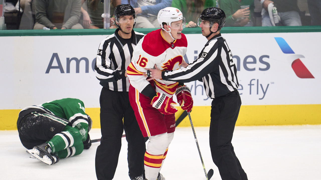 DALLAS, TX - MAY 13: Nikita Zadorov #16 of the Calgary Flames has words with the officials against the Dallas Stars during the third period in Game Six of the First Round of the 2022 Stanley Cup Playoffs at American Airlines Center on May 13, 2022 in Dallas, Texas.
