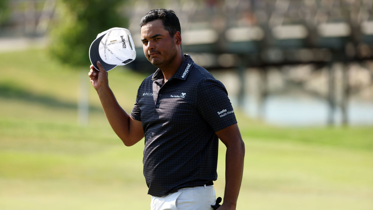 MCKINNEY, TEXAS - MAY 14: Sebastian Munoz of Colombia reacts on the 18th green during the third round of the AT&T Byron Nelson at TPC Craig Ranch on May 14, 2022 in McKinney, Texas.