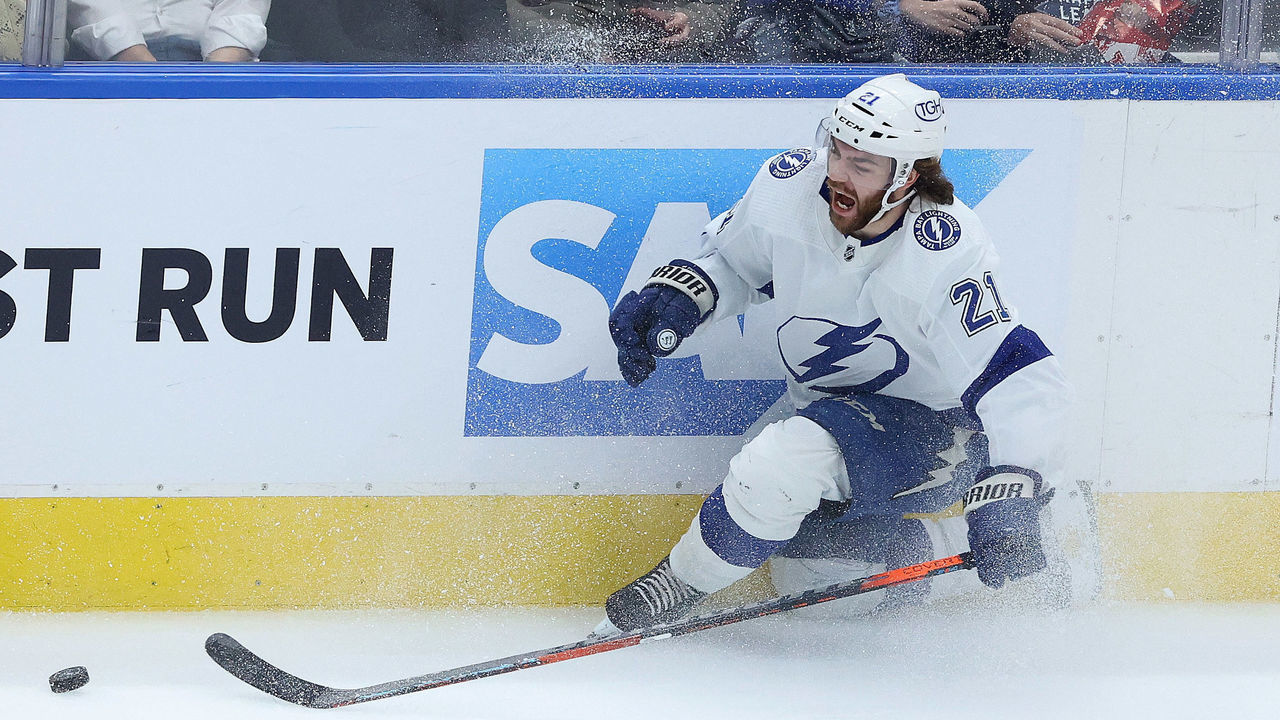 TORONTO, ON- MAY 14 - Tampa Bay Lightning center Brayden Point (21) injures his ankle as the Toronto Maple Leafs play the Tampa Bay Lightning in game seven of their first round NHL playoff series at Scotiabank Arena in Toronto. May 14, 2022. (Steve Russell/Toronto Star via Getty Images)