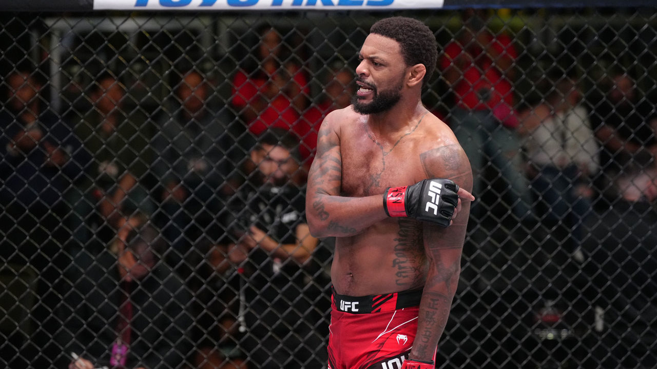 LAS VEGAS, NEVADA - MAY 14: Michael Johnson reacts after knocking out Alan Patrick of Brazil in a lightweight fight at UFC APEX on May 14, 2022 in Las Vegas, Nevada.