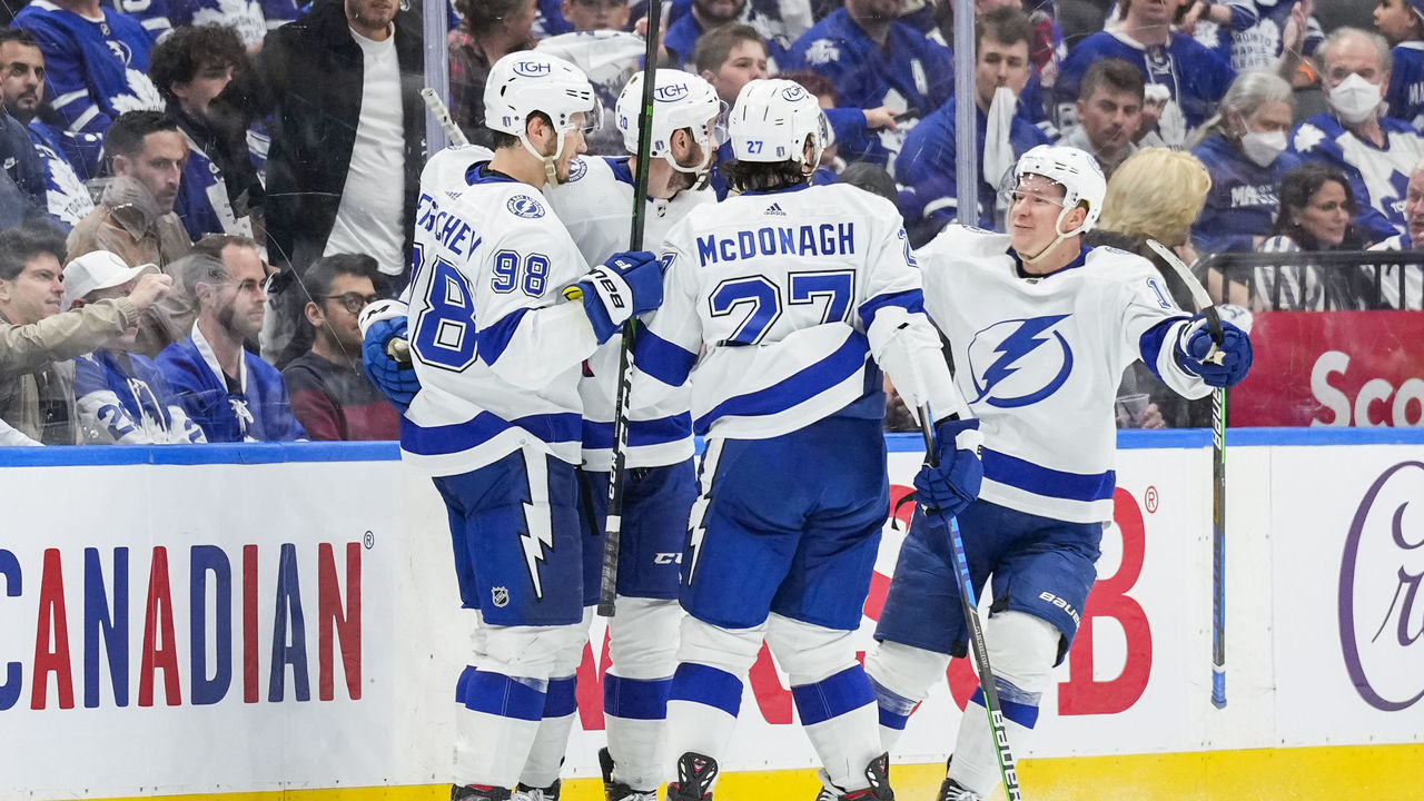 TORONTO, ON - MAY 14: Nicholas Paul #20 of the Tampa Bay Lightning celebrates his second goal of the night against the Toronto Maple Leafs with teammates Mikhail Sergachev #98, Ryan McDonagh #27 and Ondrej Palat #18 during the second period in Game Seven of the First Round of the 2022 Stanley Cup Playoffs at the Scotiabank Arena on May 14, 2022 in Toronto, Ontario, Canada.