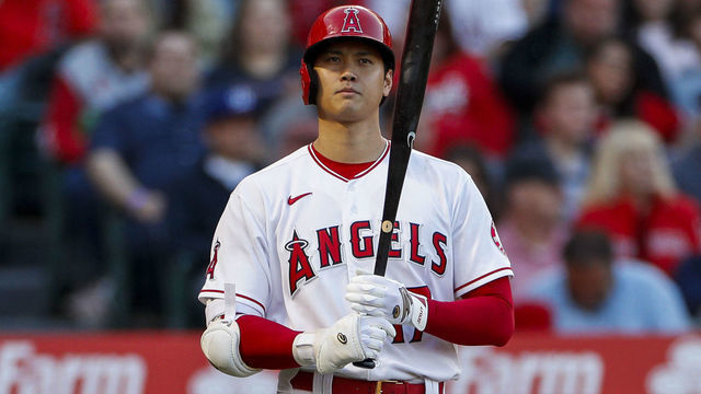 ANAHEIM, CA - MAY 07: Los Angeles Angels designated hitter Shohei Ohtani (17) walks up to home plate during a regular season MLB game between the Los Angeles Angels and the Washington Nationals on May 7, 2022 at Angel Stadium in Anaheim, CA.
