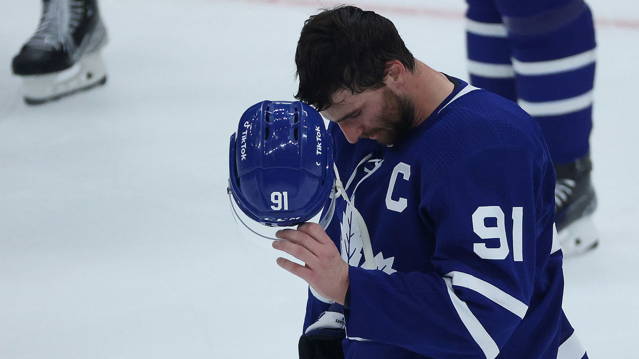 TORONTO, ON- MAY 14 - Dejected Toronto Maple Leafs center John Tavares (91) after the game as the Toronto Maple Leafs are eliminated by the Tampa Bay Lightning after losing 2-1 in game seven of their first round NHL playoff series at Scotiabank Arena in Toronto. May 14, 2022. (Steve Russell/Toronto Star via Getty Images)