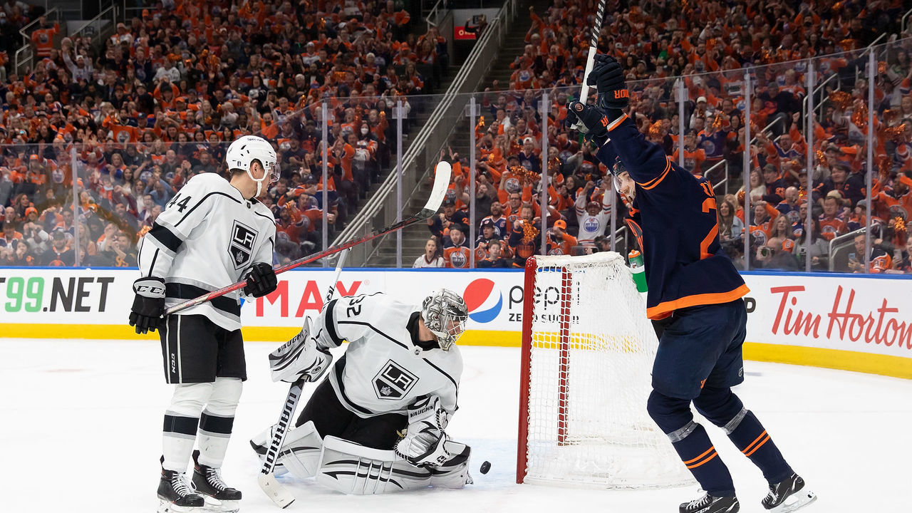 EDMONTON, AB - MAY 14: Leon Draisaitl #29 of the Edmonton Oilers celebrates a teammate's goal against goaltender Jonathan Quick #32 of the Los Angeles Kings during the second period in Game Seven of the First Round of the 2022 Stanley Cup Playoffs at Rogers Place on May 14, 2022 in Edmonton, Canada.