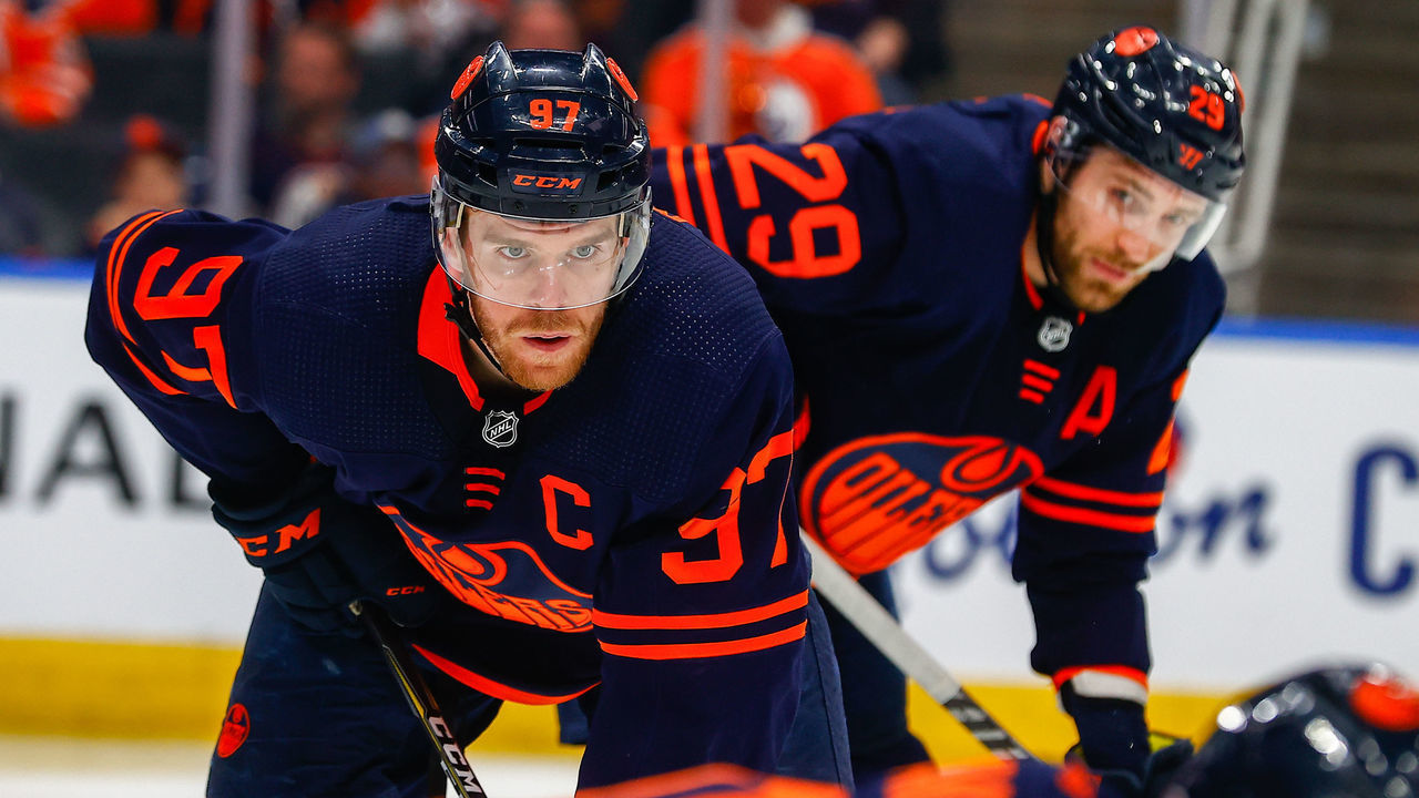 EDMONTON, AB - MAY 14: Edmonton Oilers Center Connor McDavid (97) and Edmonton Oilers Center Leon Draisaitl (29) wait for a puck drop in the second period during the Edmonton Oilers versus the Los Angeles Kings Stanley Cup playoffs round 1, game 7 on May 14, 2022 at Rogers Place in Edmonton, AB.