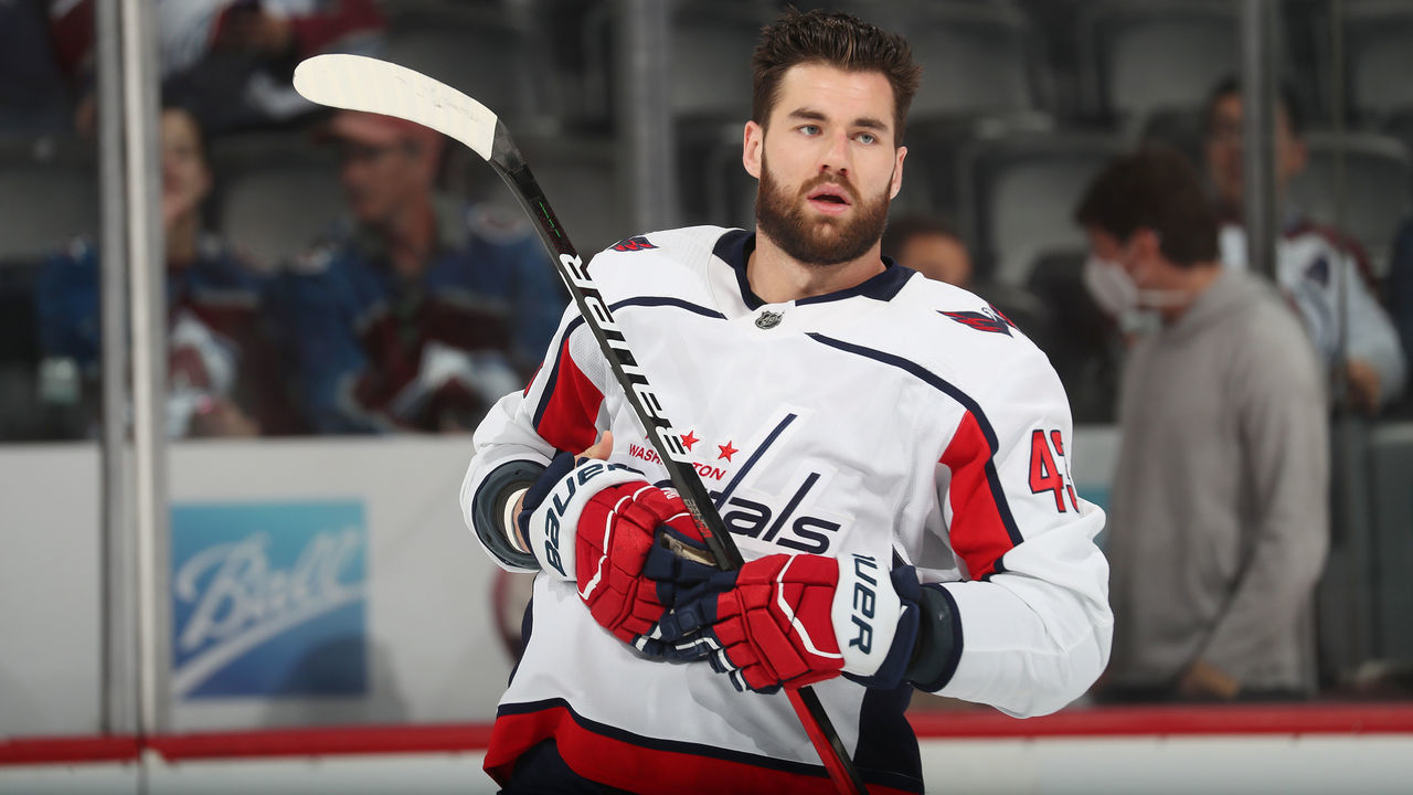 DENVER, COLORADO - APRIL 18: Tom Wilson #43 of the Washington Capitals warms up prior to the game against the Colorado Avalanche at Ball Arena on April 18, 2022 in Denver, Colorado.
