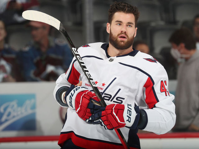 DENVER, COLORADO - APRIL 18: Tom Wilson #43 of the Washington Capitals warms up prior to the game against the Colorado Avalanche at Ball Arena on April 18, 2022 in Denver, Colorado.