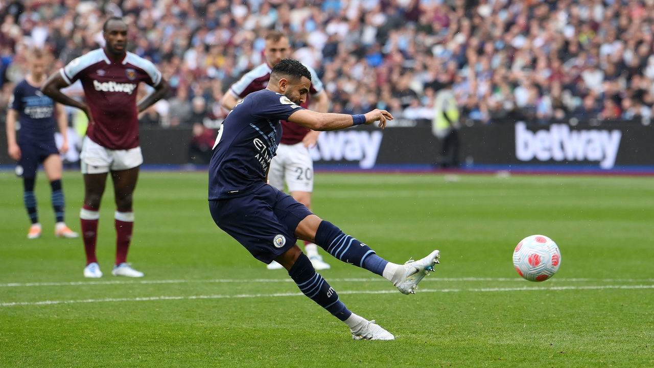 LONDON, ENGLAND - MAY 15: Riyad Mahrez of Manchester City has their penalty saved by Lukasz Fabianski of West Ham United (not pictured) during the Premier League match between West Ham United and Manchester City at London Stadium on May 15, 2022 in London, England.