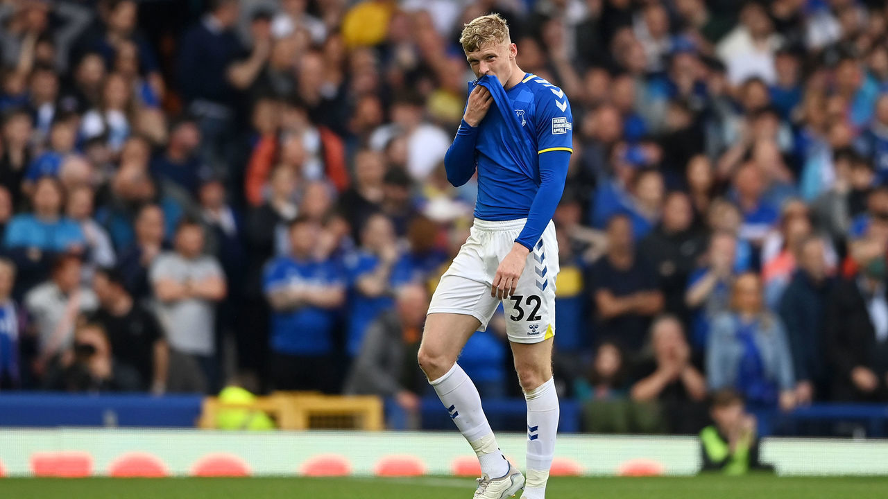 LIVERPOOL, ENGLAND - MAY 15: Jarrad Branthwaite of Everton leaves the field after receiving a red card from Referee Michael Oliver ( not pictured ) during the Premier League match between Everton and Brentford at Goodison Park on May 15, 2022 in Liverpool, England.