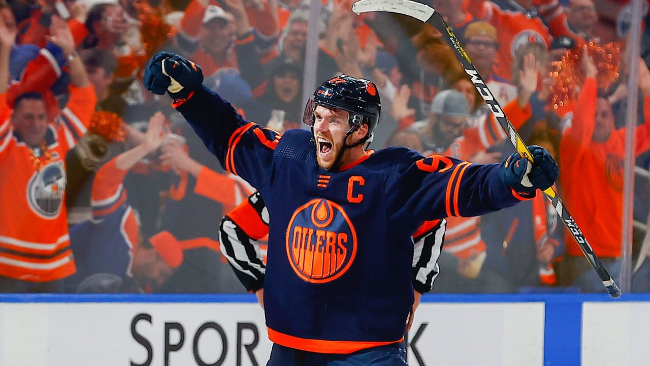 EDMONTON, AB - MAY 14: Edmonton Oilers Center Connor McDavid (97) celebrates the game clinching goal in the third period during the Edmonton Oilers versus the Los Angeles Kings Stanley Cup playoffs round 1, game 7 on May 14, 2022 at Rogers Place in Edmonton, AB.