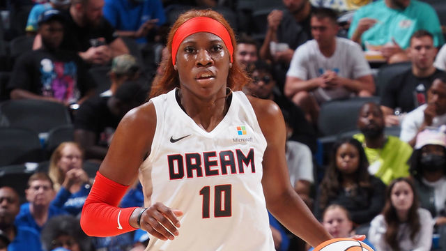 INDIANAPOLIS, IN - MAY 15: Rhyne Howard #10 of the Atlanta Dream handles the ball during the game against the Indiana Fever on May 15, 2022 at Gainbridge Fieldhouse in Indianapolis, Indiana. Mandatory Copyright Notice: Copyright 2022 NBAE