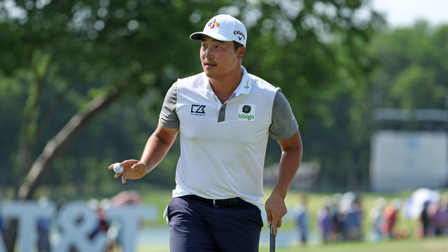 MCKINNEY, TEXAS - MAY 15: K.H. Lee of South Korea reacts to putt on the 16th green during the final round of the AT&T Byron Nelson at TPC Craig Ranch on May 15, 2022 in McKinney, Texas.
