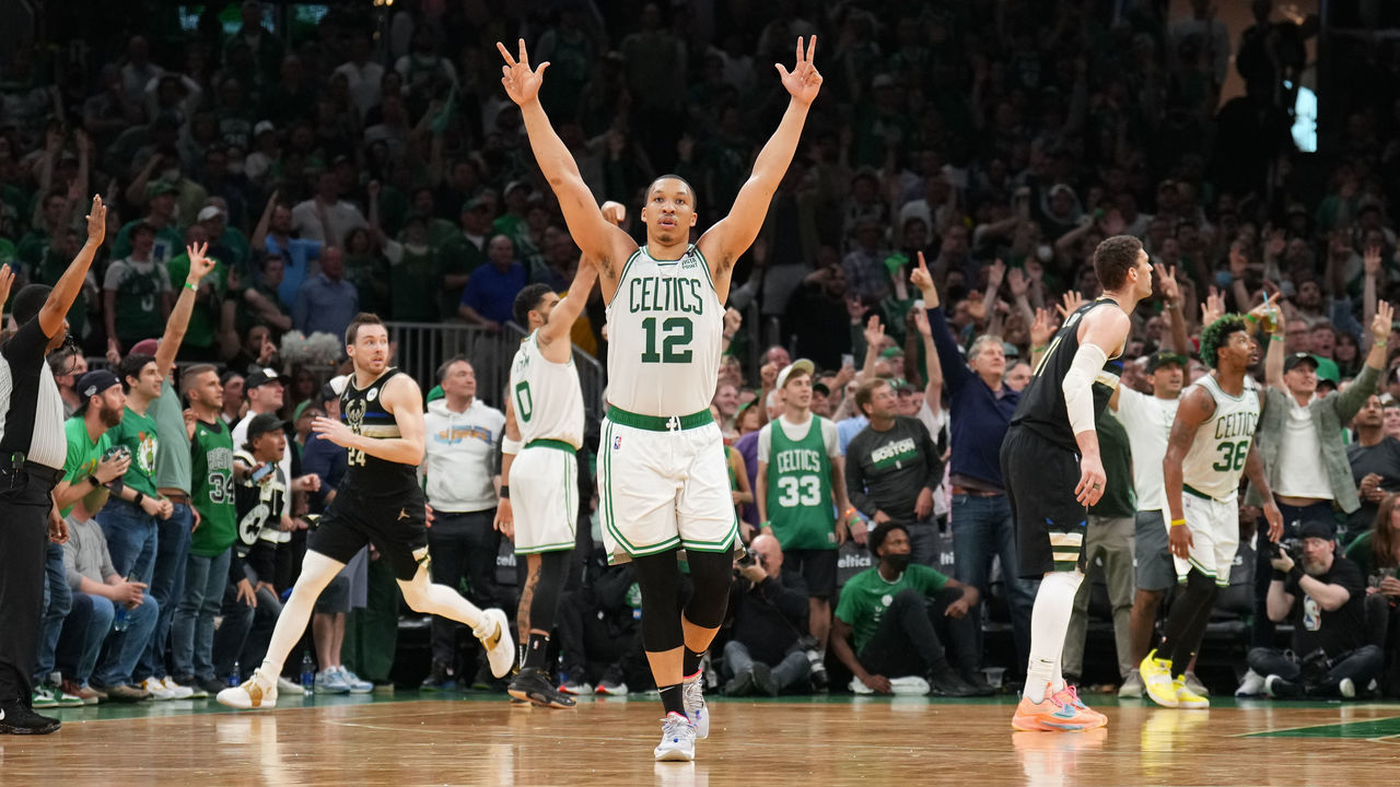 BOSTON, MA - MAY 15: Grant Williams #12 of the Boston Celtics celebrates during Game 7 of the 2022 NBA Playoffs Eastern Conference Semifinals on May 15, 2022 at TD Garden in Boston, Massachusets. NOTE TO USER: User expressly acknowledges and agrees that, by downloading and/or using this Photograph, user is consenting to the terms and conditions of the Getty Images License Agreement. Mandatory Copyright Notice: Copyright 2022 NBAE