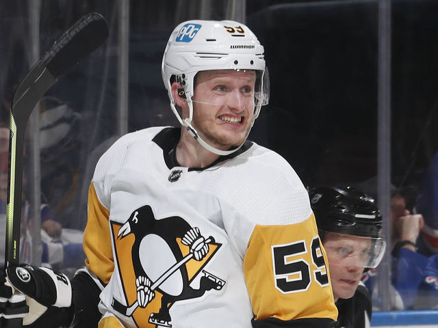 NEW YORK, NY - MAY 15: Jake Guentzel #59 of the Pittsburgh Penguins reacts after scoring a goal during the second period in Game Seven of the First Round of the 2022 Stanley Cup Playoffs against the New York Rangers at Madison Square Garden on May 15, 2022 in New York City.