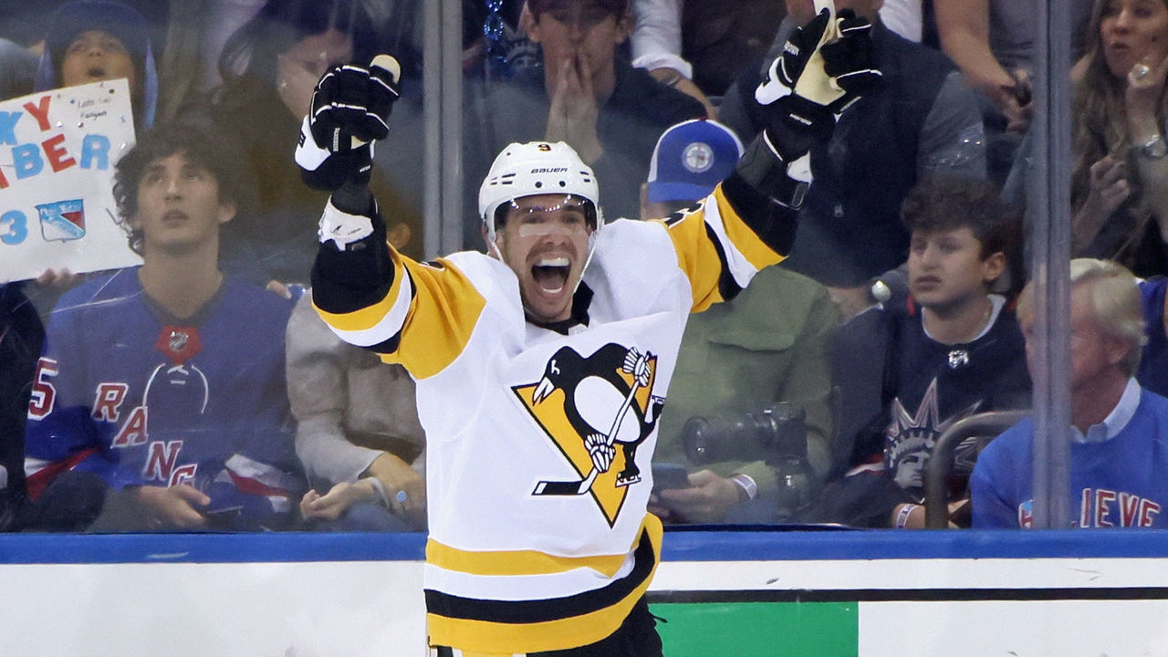 NEW YORK, NEW YORK - MAY 15: Evan Rodrigues #9 of the Pittsburgh Penguins celebrates his shorthanded goal against the New York Rangers at 17:24 of the second period in Game Seven of the First Round of the 2022 Stanley Cup Playoffs at Madison Square Garden on May 15, 2022 in New York City.