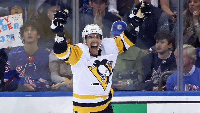 NEW YORK, NEW YORK - MAY 15: Evan Rodrigues #9 of the Pittsburgh Penguins celebrates his shorthanded goal against the New York Rangers at 17:24 of the second period in Game Seven of the First Round of the 2022 Stanley Cup Playoffs at Madison Square Garden on May 15, 2022 in New York City.