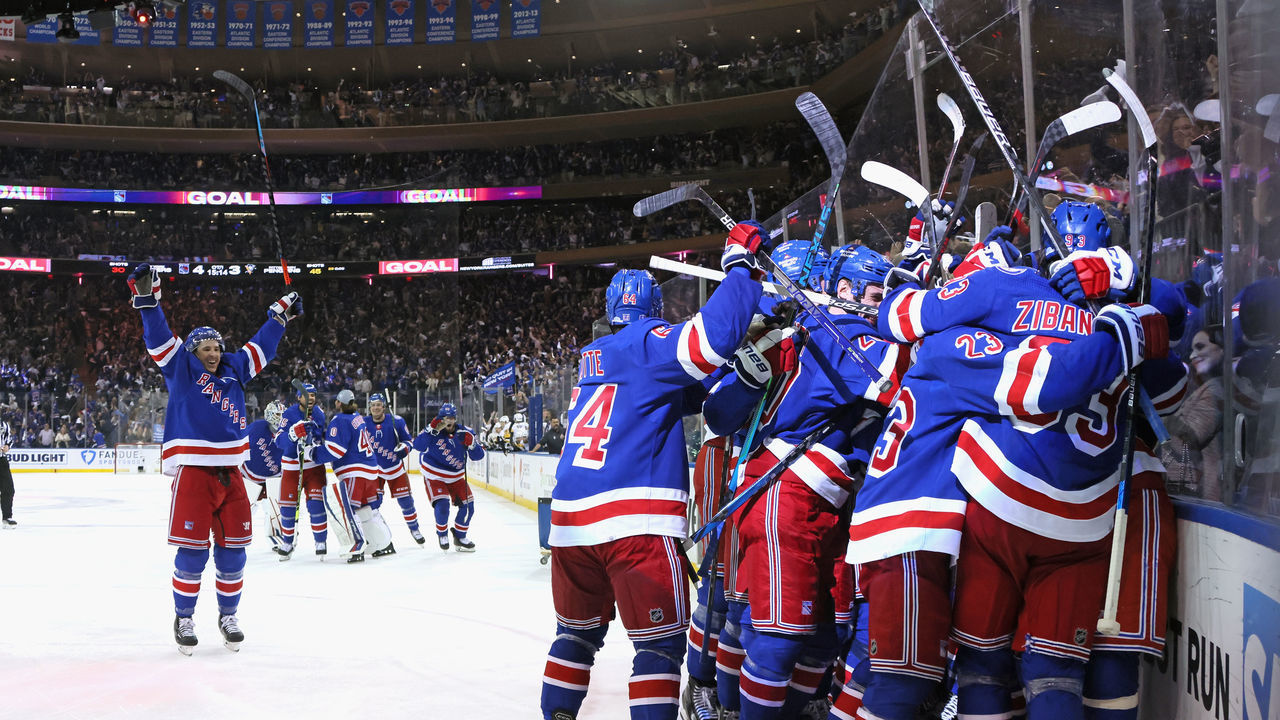 NEW YORK, NEW YORK - MAY 15: Artemi Panarin #10 of the New York Rangers celebrates his game winning overtime goal against the Pittsburgh Penguins in Game Seven of the First Round of the 2022 Stanley Cup Playoffs at Madison Square Garden on May 15, 2022 in New York City.