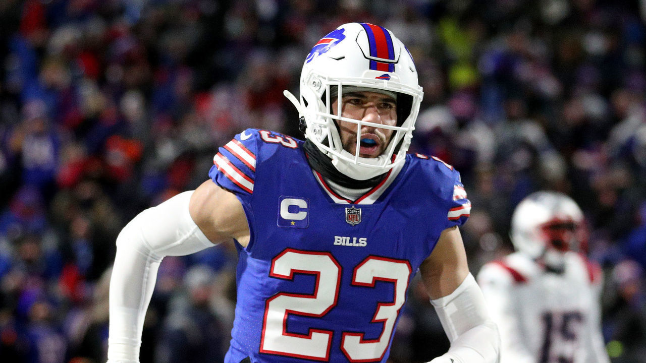 BUFFALO, NEW YORK - JANUARY 15: Micah Hyde #23 of the Buffalo Bills reacts after an interception during the first quarter against the New England Patriots at Highmark Stadium on January 15, 2022 in Buffalo, New York.