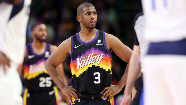 PHOENIX, ARIZONA - MAY 15: Chris Paul #3 of the Phoenix Suns reacts during the third quarter against the Dallas Mavericks in Game Seven of the 2022 NBA Playoffs Western Conference Semifinals at Footprint Center on May 15, 2022 in Phoenix, Arizona. NOTE TO USER: User expressly acknowledges and agrees that, by downloading and/or using this photograph, User is consenting to the terms and conditions of the Getty Images License Agreement.