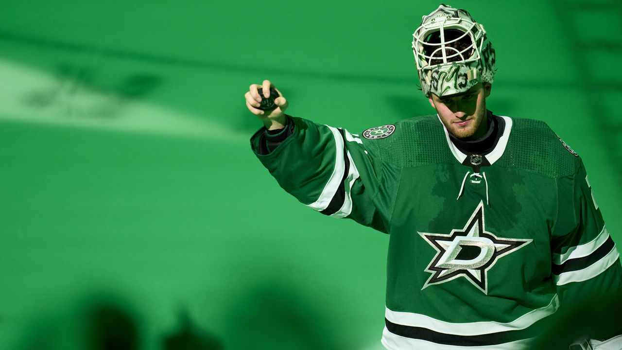 DALLAS, TX - MAY 13: Jake Oettinger #29 of the Dallas Stars celebrates after defeating the Calgary Flames in Game Six of the First Round of the 2022 Stanley Cup Playoffs at American Airlines Center on May 13, 2022 in Dallas, Texas.