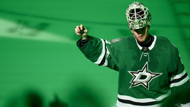 DALLAS, TX - MAY 13: Jake Oettinger #29 of the Dallas Stars celebrates after defeating the Calgary Flames in Game Six of the First Round of the 2022 Stanley Cup Playoffs at American Airlines Center on May 13, 2022 in Dallas, Texas.