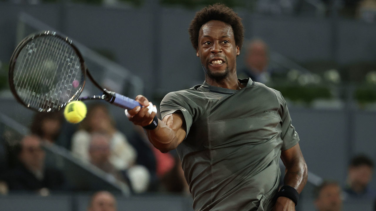MADRID, SPAIN - MAY 03: Gael Monfils of France plays against Novak Djokovic (not seen) of Serbia during their 2022 ATP Tour Madrid Open tennis tournament singles match at the Caja Magica in Madrid, Spain on May 3, 2022.