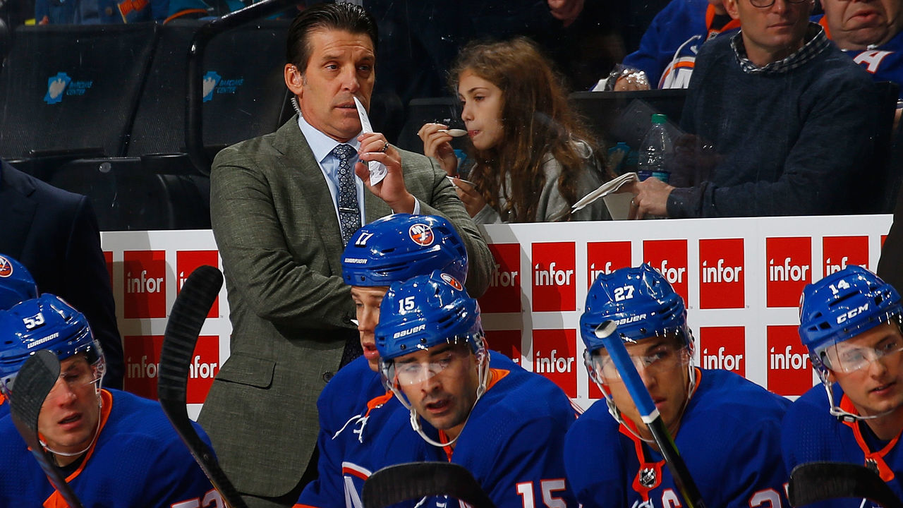 NEW YORK, NY - OCTOBER 08: Associate Coach Lane Lambert of the New York Islanders looks on from the bench against the San Jose Sharks at Barclays Center on October 8, 2018 the Brooklyn borough of New York City. New York Islanders defeated the San Jose Sharks 4-0.
