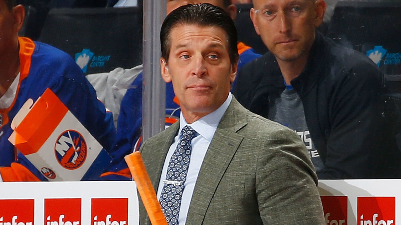 NEW YORK, NY - OCTOBER 08: Associate Coach Lane Lambert of the New York Islanders looks on from the bench against the San Jose Sharks at Barclays Center on October 8, 2018 the Brooklyn borough of New York City. New York Islanders defeated the San Jose Sharks 4-0.