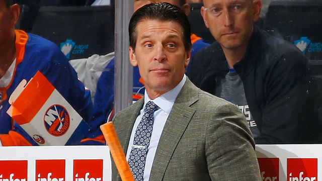 NEW YORK, NY - OCTOBER 08: Associate Coach Lane Lambert of the New York Islanders looks on from the bench against the San Jose Sharks at Barclays Center on October 8, 2018 the Brooklyn borough of New York City. New York Islanders defeated the San Jose Sharks 4-0.