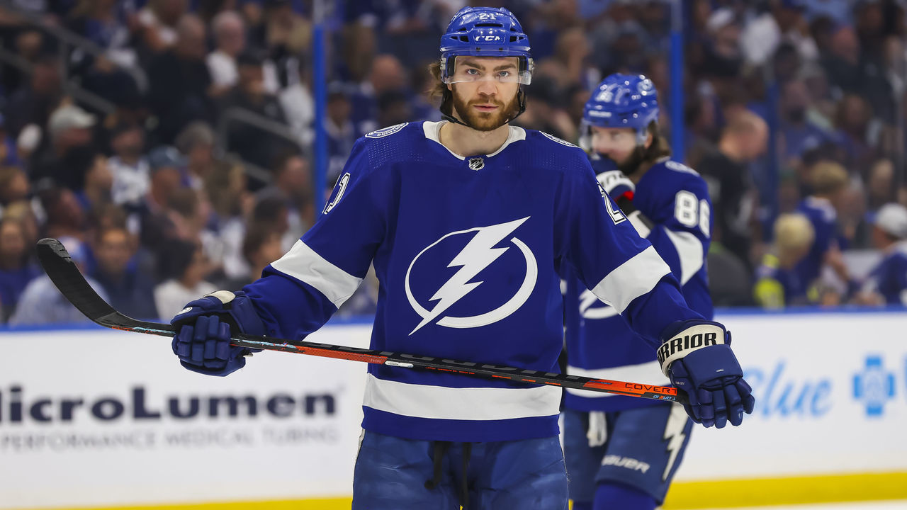 TAMPA, FL - MAY 8: Brayden Point #21 of the Tampa Bay Lightning skates against the Toronto Maple Leafs during the first period in Game Four of the First Round of the 2022 Stanley Cup Playoffs at Amalie Arena on May 8, 2022 in Tampa, Florida.