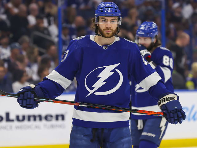 TAMPA, FL - MAY 8: Brayden Point #21 of the Tampa Bay Lightning skates against the Toronto Maple Leafs during the first period in Game Four of the First Round of the 2022 Stanley Cup Playoffs at Amalie Arena on May 8, 2022 in Tampa, Florida.