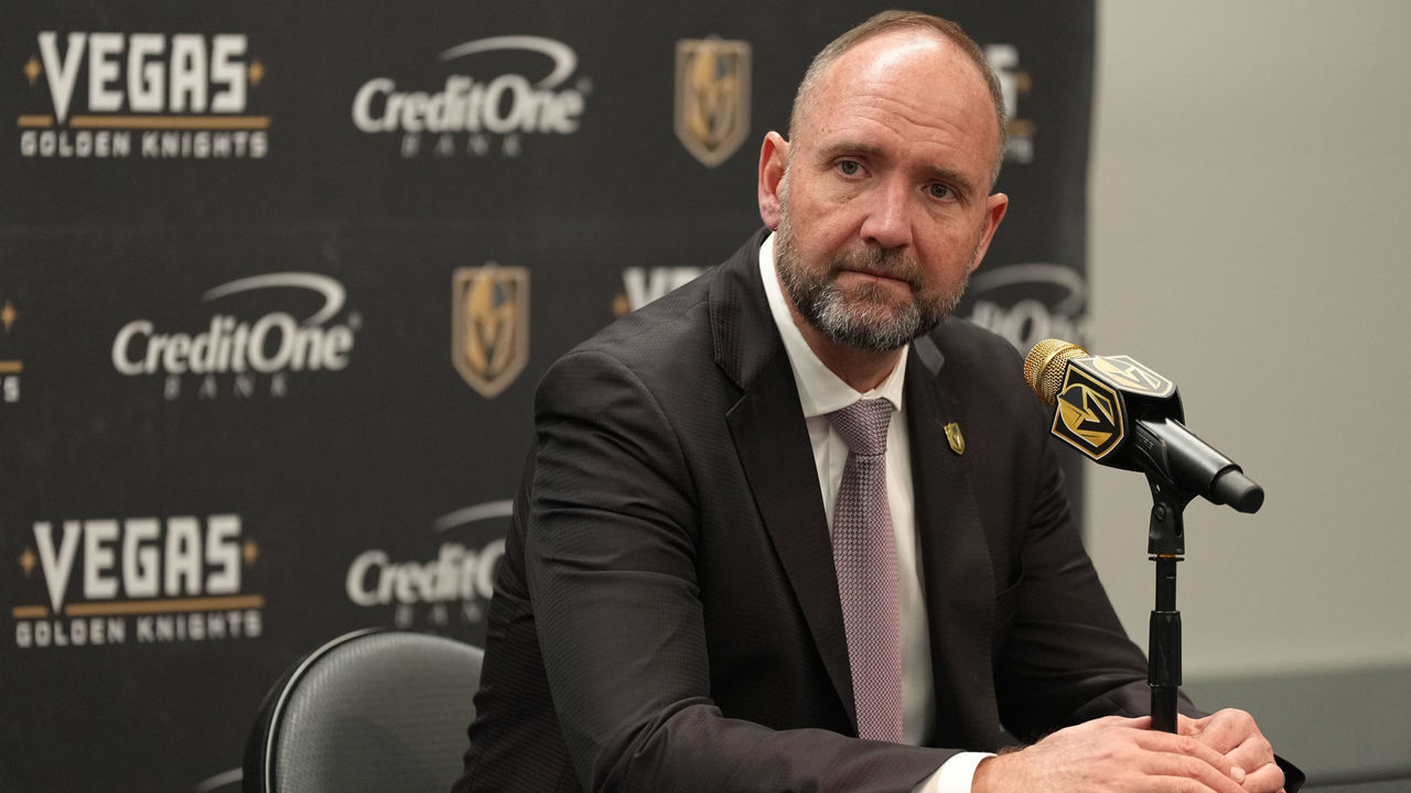 LAS VEGAS, NEVADA - APRIL 20: Vegas Golden Knights head coach Pete DeBoer speaks with the media after a victory over the Washington Capitals at T-Mobile Arena on April 20, 2022 in Las Vegas, Nevada.