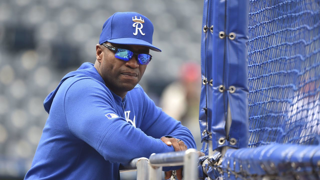 KANSAS CITY, MO - MAY 10: Hitting coach Terry Bradshaw #44 of the Kansas City Royals watches over batting practice prior to a game against the Philadelphia Phillies at Kauffman Stadium on May 10, 2019 in Kansas City, Missouri.