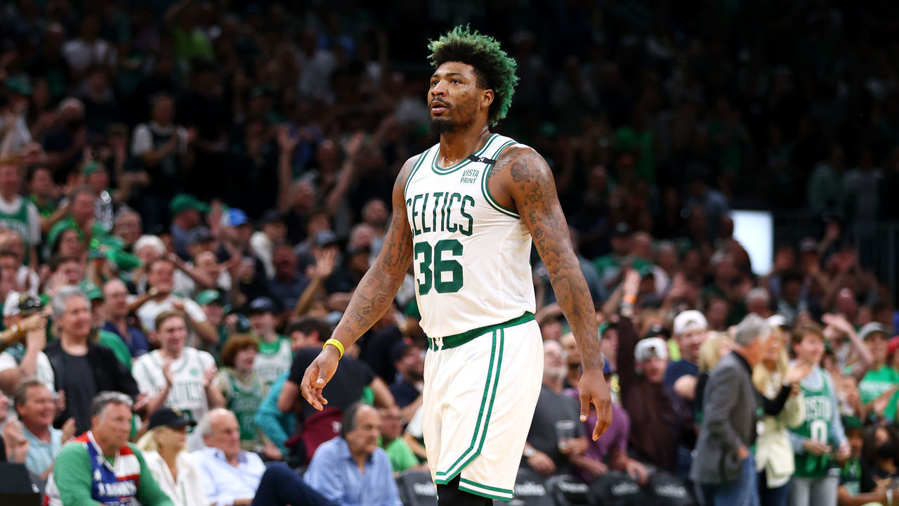 BOSTON, MASSACHUSETTS - MAY 15: Marcus Smart #36 of the Boston Celtics reacts against the Milwaukee Bucks during the first half in Game Seven of the 2022 NBA Playoffs Eastern Conference Semifinals at TD Garden on May 15, 2022 in Boston, Massachusetts. NOTE TO USER: User expressly acknowledges and agrees that, by downloading and/or using this photograph, User is consenting to the terms and conditions of the Getty Images License Agreement.