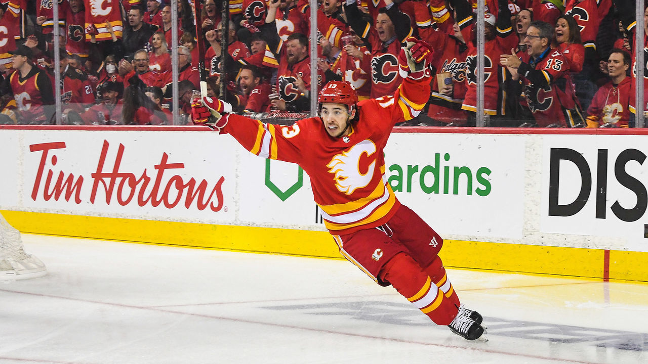 CALGARY, AB - MAY 5: Johnny Gaudreau #13 of the Calgary Flames celebrates after scoring against the Dallas Stars during the first period of Game Two of the First Round of the 2022 Stanley Cup Playoffs at Scotiabank Saddledome on May 5, 2022 in Calgary, Alberta, Canada. Gaudreau's score was shot from offside and officially called off.