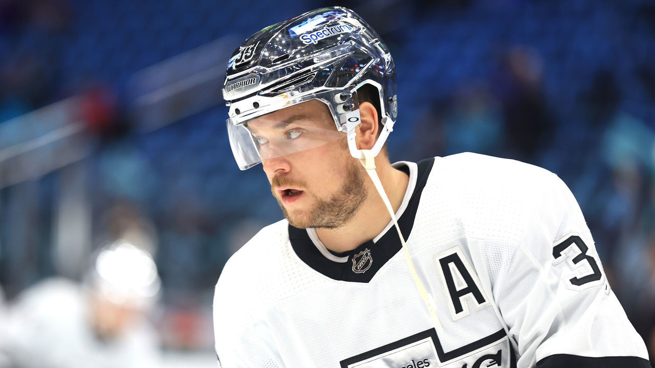 SEATTLE, WASHINGTON - APRIL 27: Viktor Arvidsson #33 of the Los Angeles Kings warms up before the game against the Seattle Kraken at Climate Pledge Arena on April 27, 2022 in Seattle, Washington.