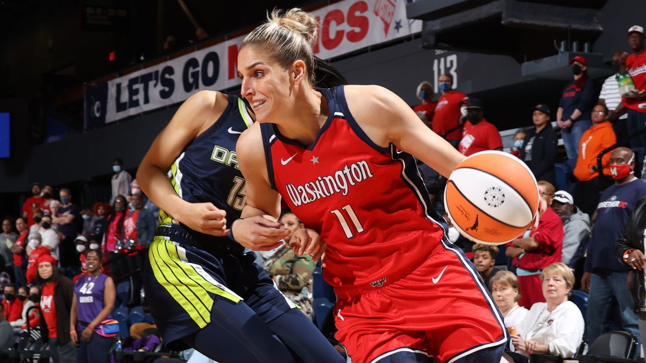 WASHINGTON, DC - MAY 13: Elena Delle Donne #11 of the Washington Mystics drives to the basket during the game against the Dallas Wings on May 13, 2022 at Entertainment and Sports Arena in Washington, DC. Mandatory Copyright Notice: Copyright 2022 NBAE