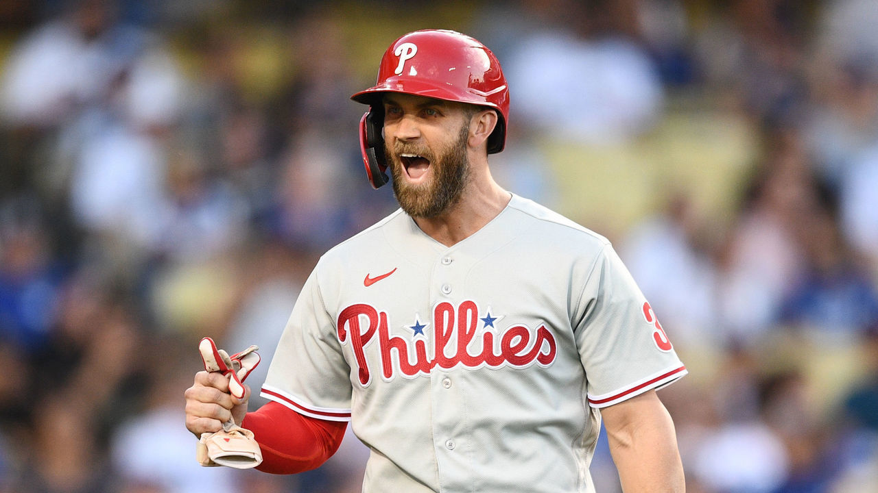 LOS ANGELES, CA - MAY 14: Philadelphia Phillies designated hitter Bryce Harper (3) celebrates after scoring on Philadelphia Phillies second baseman Jean Segura (2) home run during the MLB game between the Philadelphia Phillies and the Los Angeles Dodgers on May 14, 2022 at Dodger Stadium in Los Angeles, CA.
