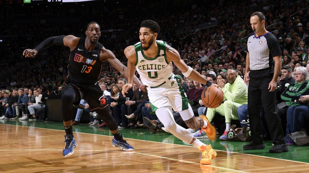 BOSTON, MA - MARCH 30: Jayson Tatum #0 of the Boston Celtics drives to the basket during the game against the Miami Heat on March 30, 2022 at the TD Garden in Boston, Massachusetts. Mandatory Copyright Notice: Copyright 2022 NBAE