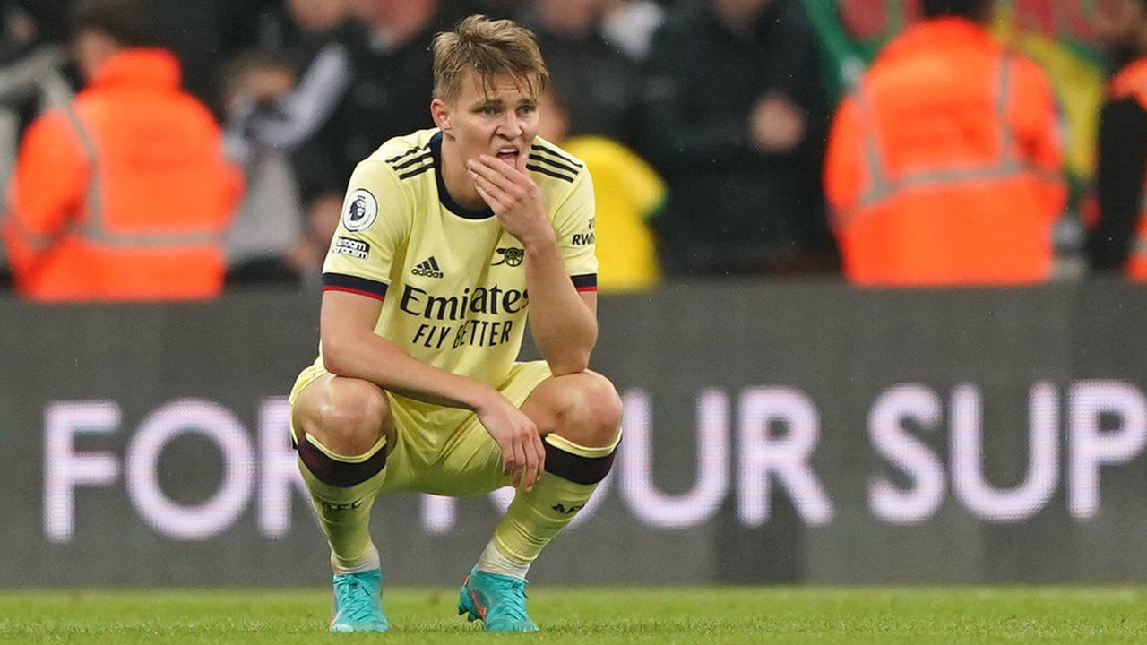 Arsenal's Martin Odegaard appears dejected after the Premier League match at St. James' Park, Newcastle upon Tyne. Picture date: Monday May 16, 2022.