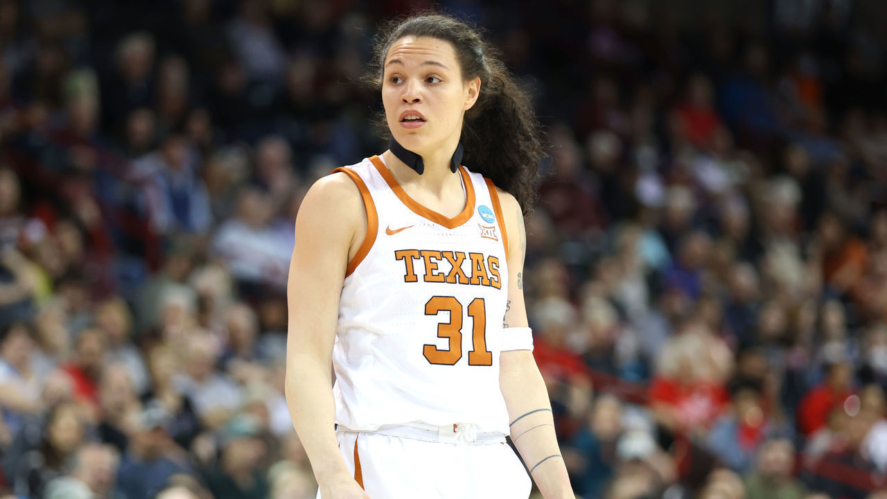 SPOKANE, WASHINGTON - MARCH 25: Audrey Warren #31 of the Texas Longhorns reacts during the third quarter against the Ohio State Buckeyes during the Sweet Sixteen round of the NCAA Women's Basketball Tournament at Spokane Veterans Memorial Arena on March 25, 2022 in Spokane, Washington.