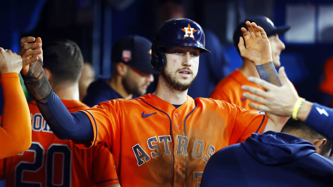 TORONTO, ON - MAY 1: Kyle Tucker #30 of the Houston Astros celebrates with teammates after scoring a run on a RBI double by Niko Goodrum #11 in the seventh inning during a MLB game against the Toronto Blue Jays at Rogers Centre on May 1, 2022 in Toronto, Ontario, Canada.