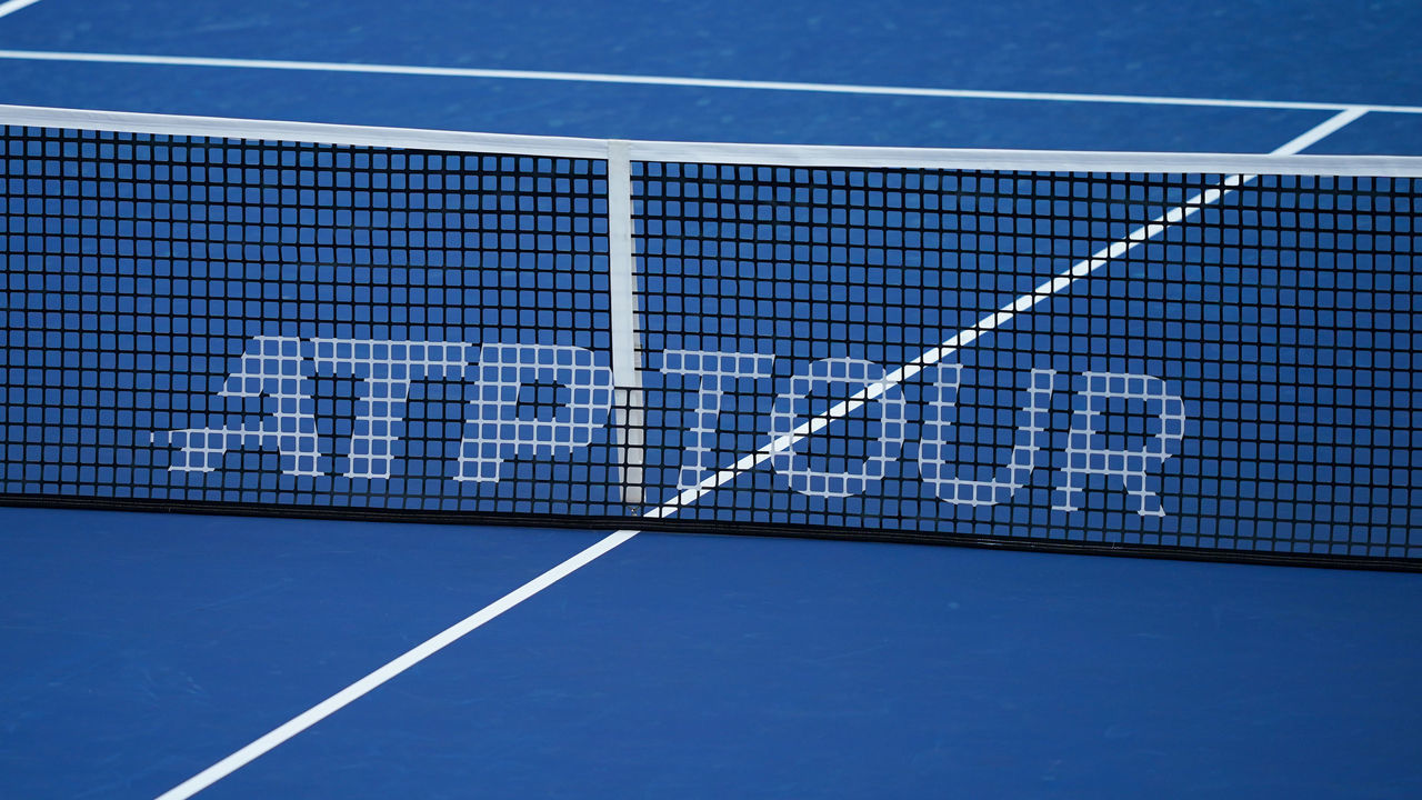 CINCINNATI, OH - AUGUST 17: A detailed view of an ATP TOUR logo on a tennis net during the semifinal round of the Western & Southern Open at Lindner Family Tennis Center on August 17, 2019 in Mason, Ohio.
