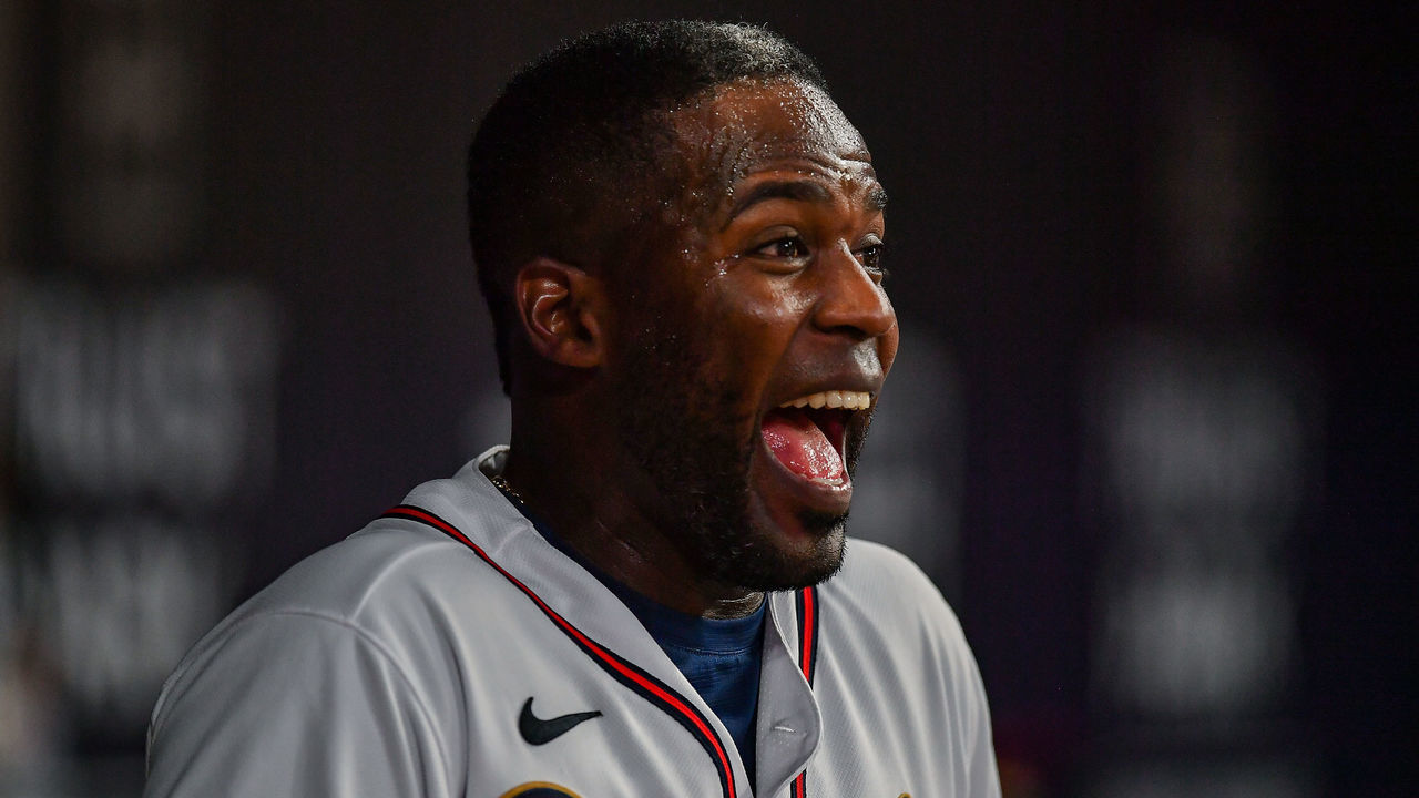ATLANTA, GA APRIL 12: Atlanta center fielder Guillermo Heredia (38) reacts after scoring a run during the MLB game between the Washington Nationals and the Atlanta Braves on April 12th, 2022 at Truist Park in Atlanta, GA.