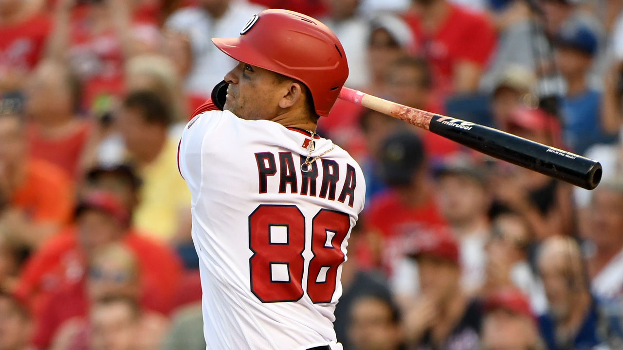 WASHINGTON, DC - JUNE 28: Gerardo Parra #88 of the Washington Nationals at bat against the New York Mets at Nationals Park on June 28, 2021 in Washington, DC.