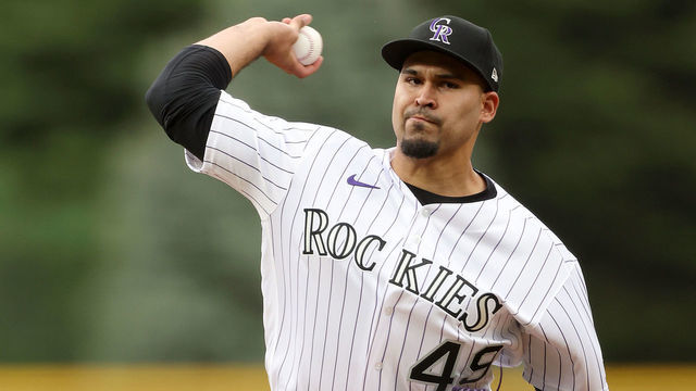 DENVER, COLORADO - MAY 16: Starting pitcher Antonio Senzatela #49 of the Colorado Rockies throws against the San Francisco Giants in the first inning at Coors Field on May 16, 2022 in Denver, Colorado.