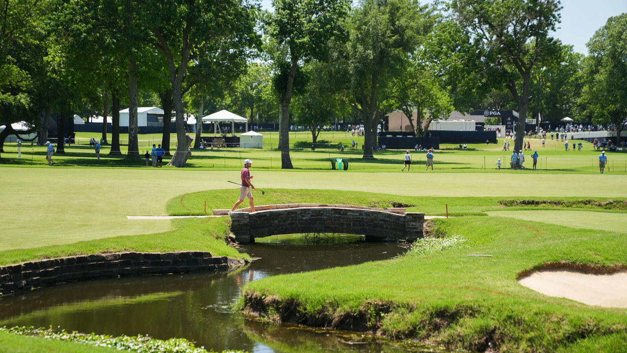 TULSA, OK - MAY 16: A contestant walks toward the second green during a practice round for the 2022 PGA Championship at the Southern Hills on May 16, 2022 in Tulsa, Oklahoma.