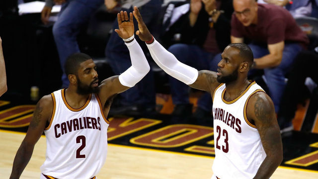 CLEVELAND, OH - JUNE 09: Kyrie Irving #2 and LeBron James #23 of the Cleveland Cavaliers celebrate after a play in the first quarter against the Golden State Warriors in Game 4 of the 2017 NBA Finals at Quicken Loans Arena on June 9, 2017 in Cleveland, Ohio.